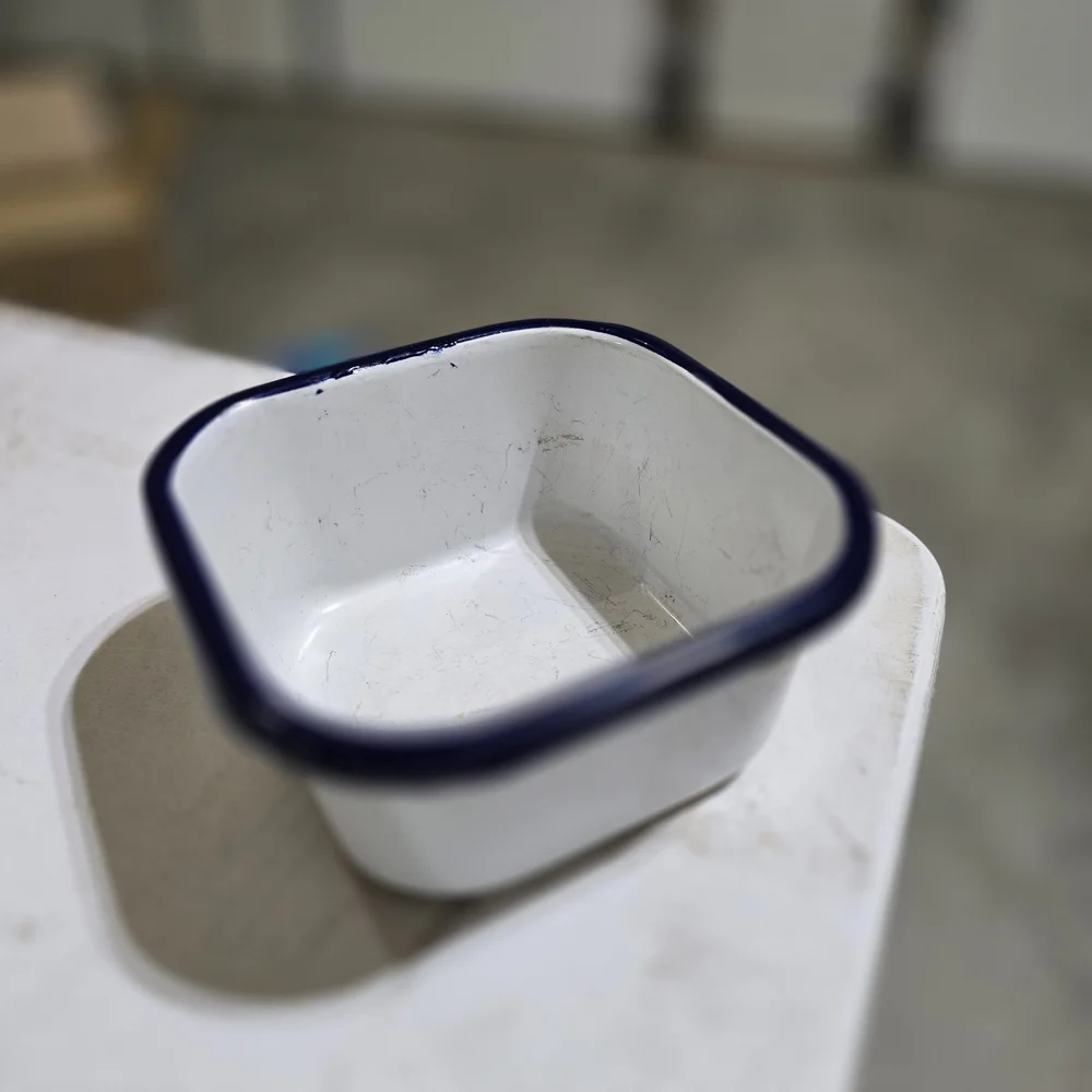 White Enamel Square Bowl with Blue Rim, A Refridgerator Box From Older Days.